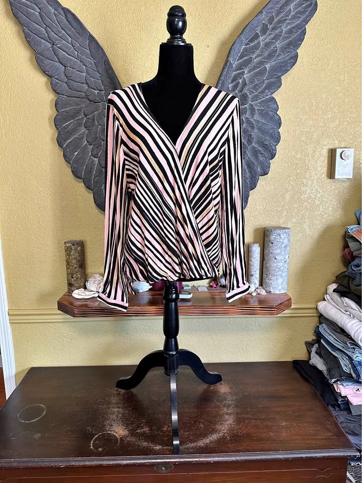 Melanie Lyne Striped V-Neck Wrap Top Blouse