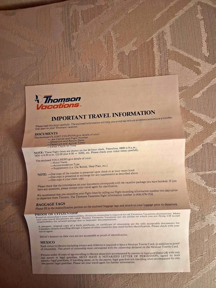 Vintage 1984 Thomson Vacations Travel Document Memorabilia