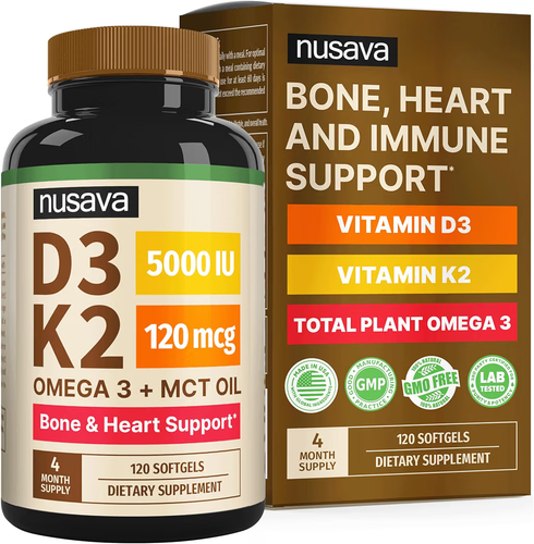 NUSAVA Vitamin D3 5000 IU K2 MK-7 Omega 3 120 Softgels