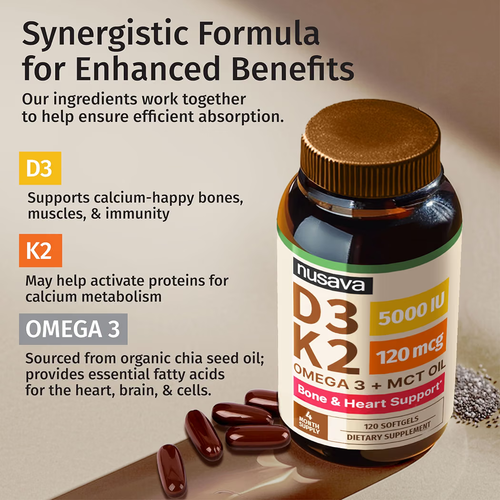 NUSAVA Vitamin D3 5000 IU K2 MK-7 Omega 3 120 Softgels - photo 3