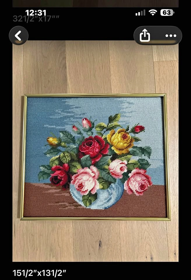 Framed Floral Rose Needlepoint Art