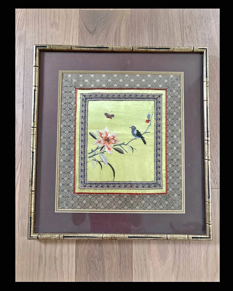 Vintage Chinese Silk Embroidery Framed Art - Set of 2