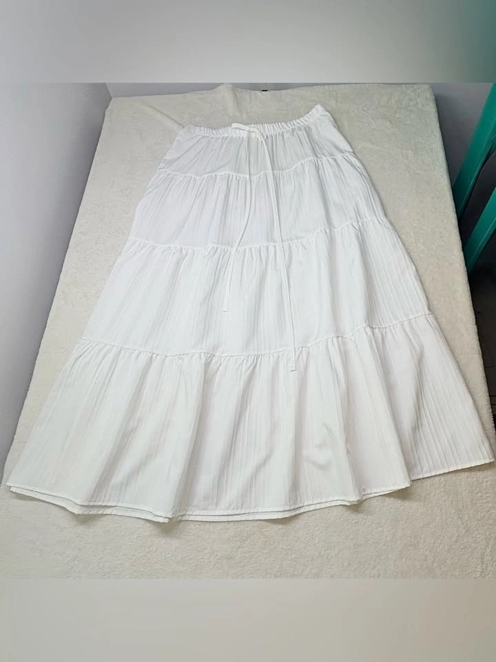 Ryaiwi White Tiered Maxi Skirt Striped Faux Drawstring XL NWOT - photo 2