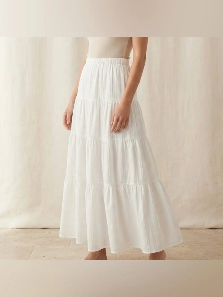 Ryaiwi White Tiered Maxi Skirt Striped Faux Drawstring XL NWOT