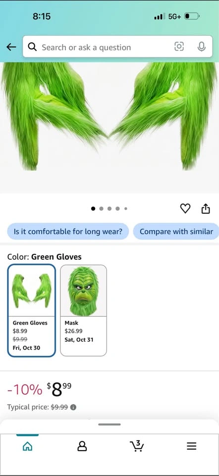 Grinch Mask and Furry Green Gloves Set- ADULT Size - photo 2