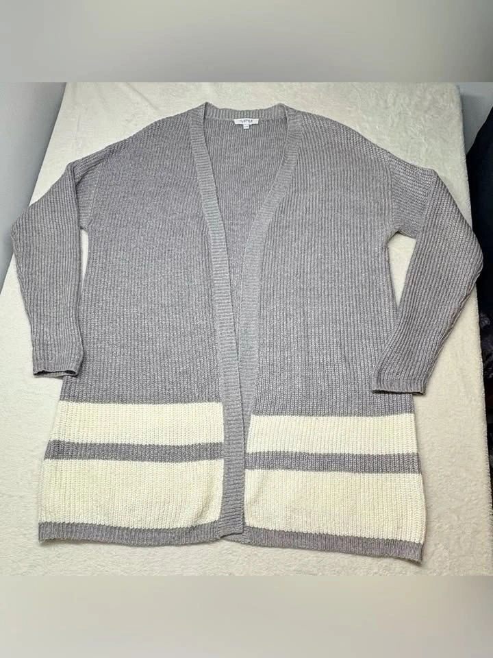 MyStyle Long Open Ribbed Knit Cardigan Grey White Striped XL - photo 2