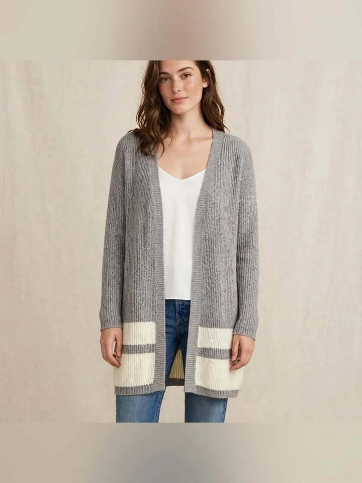 MyStyle Long Open Ribbed Knit Cardigan Grey White Striped XL
