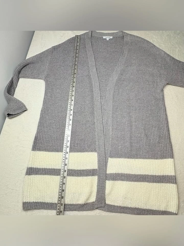 MyStyle Long Open Ribbed Knit Cardigan Grey White Striped XL - photo 4