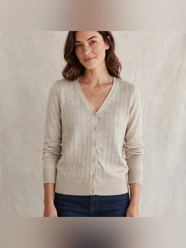 Iyla Neutral Beige V Neck Button Down Knit Cardigan XL