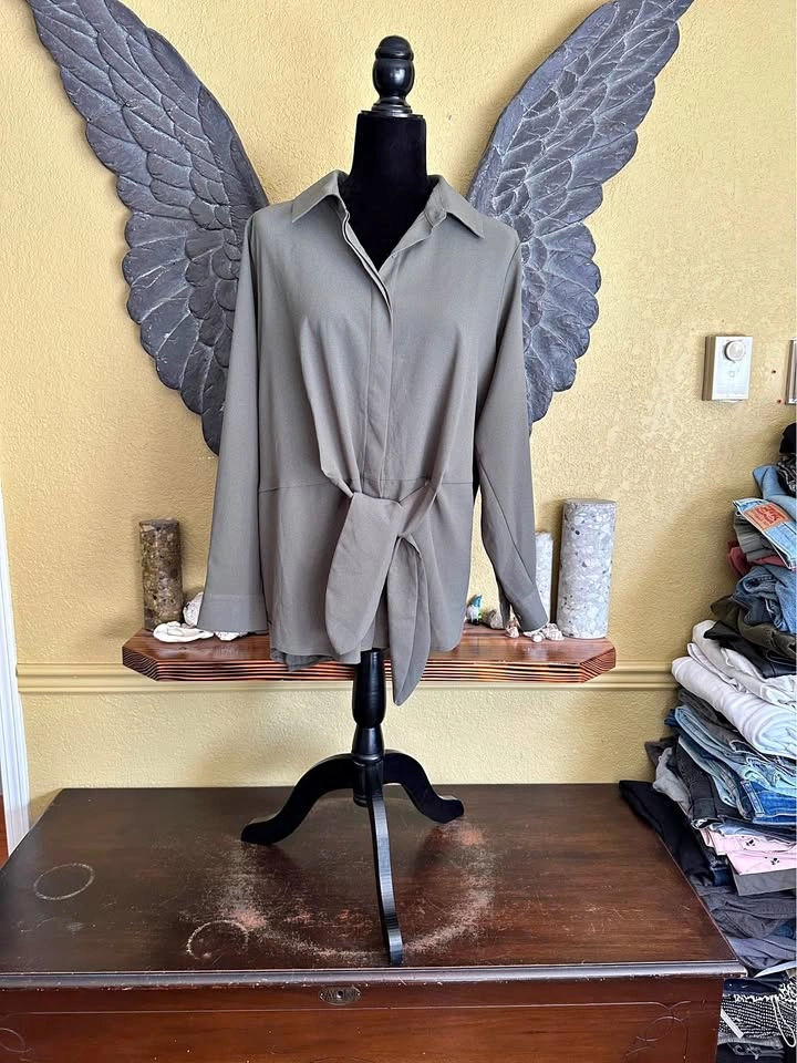 INC Olive Button Down Front Tie Blouse