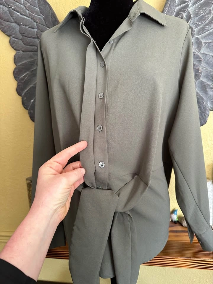 INC Olive Button Down Front Tie Blouse - photo 3