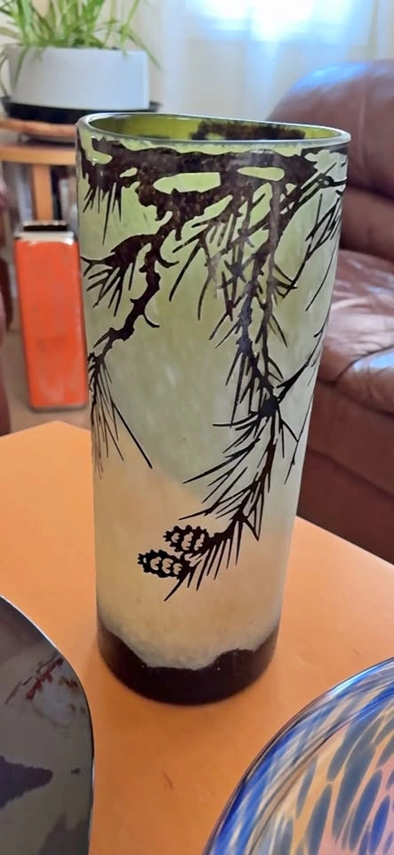 Green Glass Vase with Pinecone Design