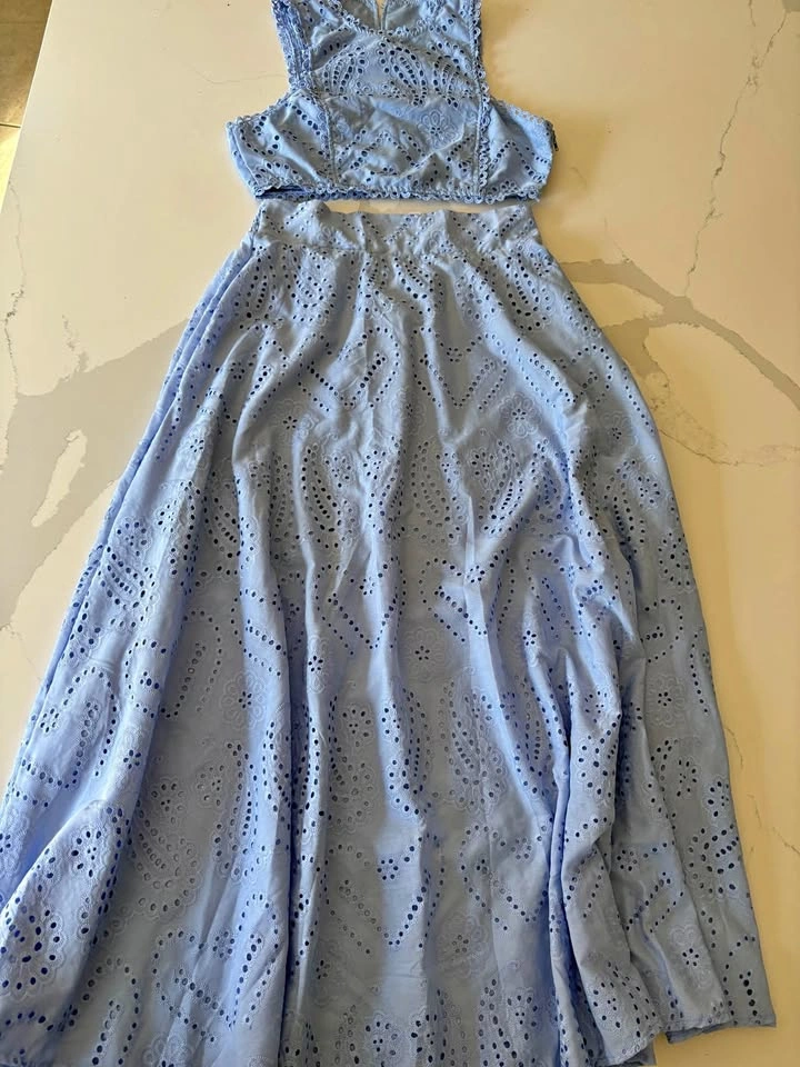 Light Blue Eyelet Lace Two-Piece Crop Top and Maxi Skirt Set