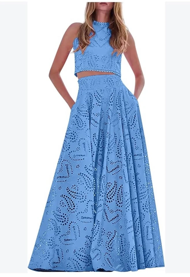 Light Blue Eyelet Lace Two-Piece Crop Top and Maxi Skirt Set - photo 2