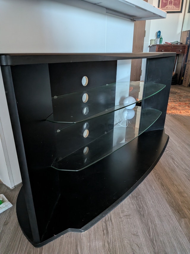 Wood TV Stand with Glass Shelves (Black) - photo 2