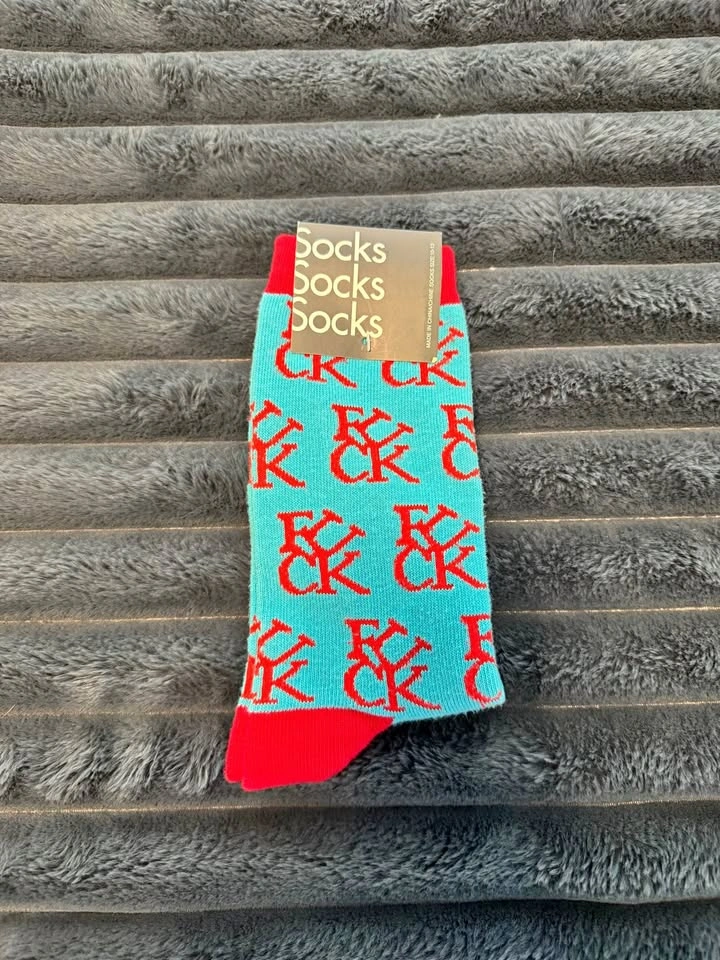 Gag Gift Novelty Socks – Turquoise Blue and Red Monogram Print