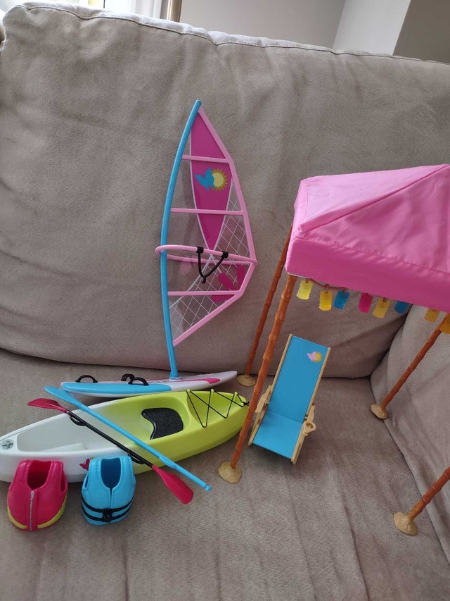 Barbie beach set, water ski, cabana, and canoe
