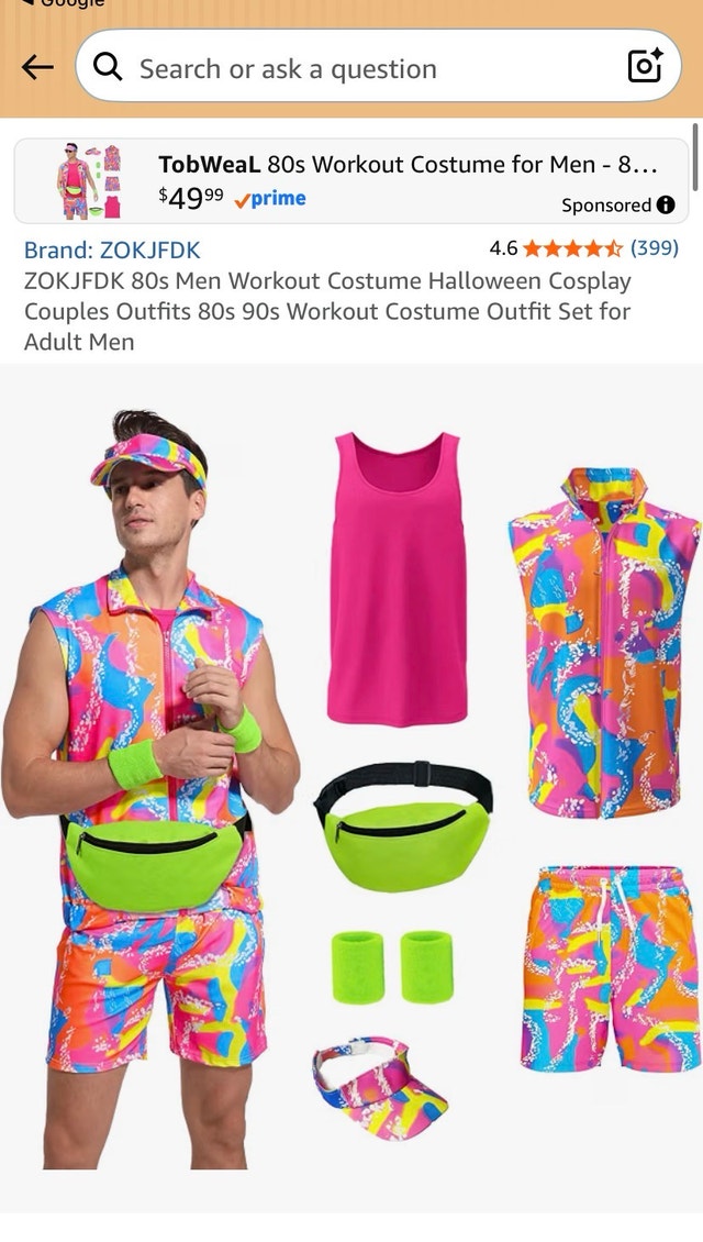 Mens 80s Workout Adult Costume Size large