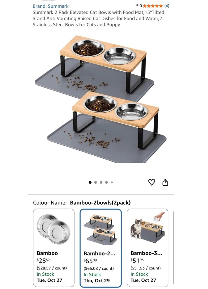 NEW 2 Pack Elevated Cat Bowls with Food Mat - photo 2