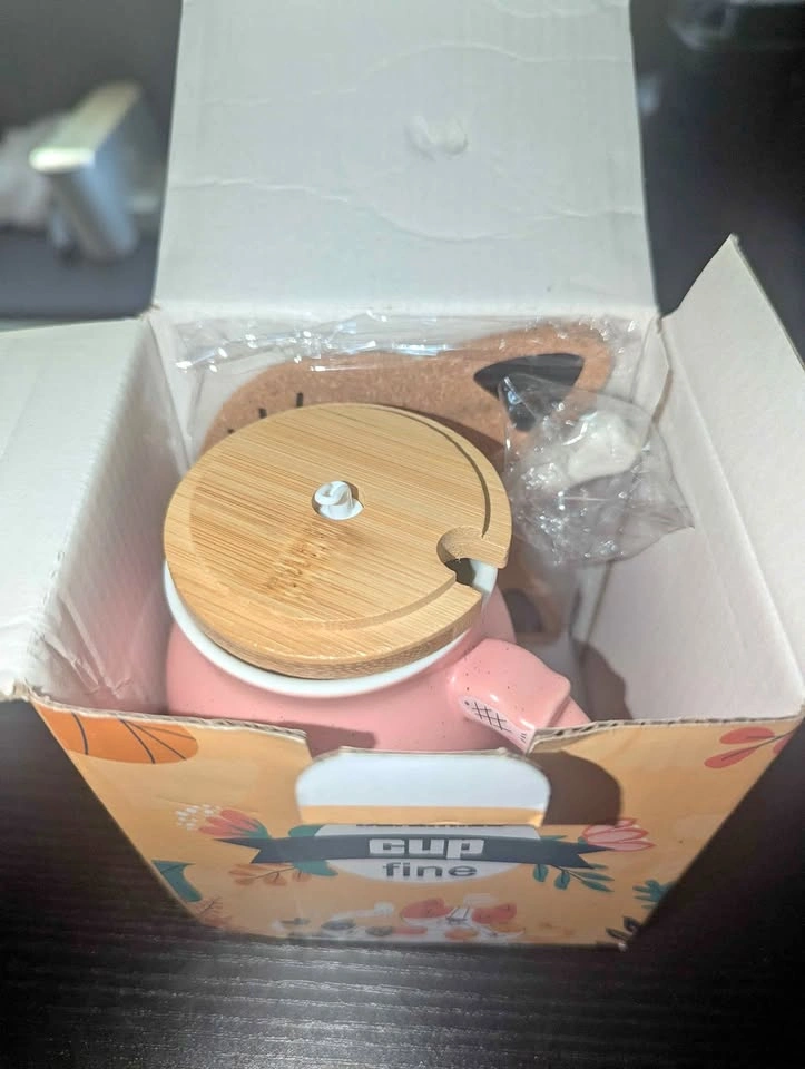Pink Cat Mug Gift Set with Bamboo Lid