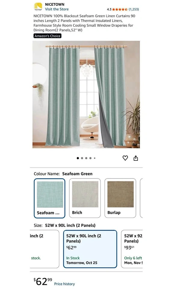 NEW NICETOWN 100% Blackout Seafoam Green Linen Curtains