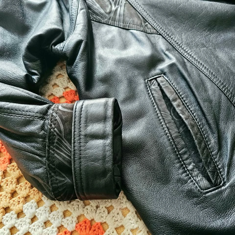 80s/ 90s Womens Black Leather Coat Embossed Panels Vintage XL - photo 4