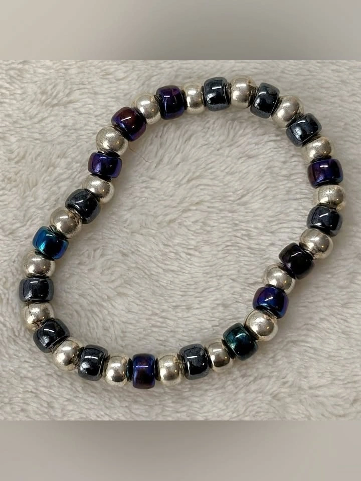 Beaded Bracelet Silver Tone Blue Purple Metallic Beads Stretch - photo 2