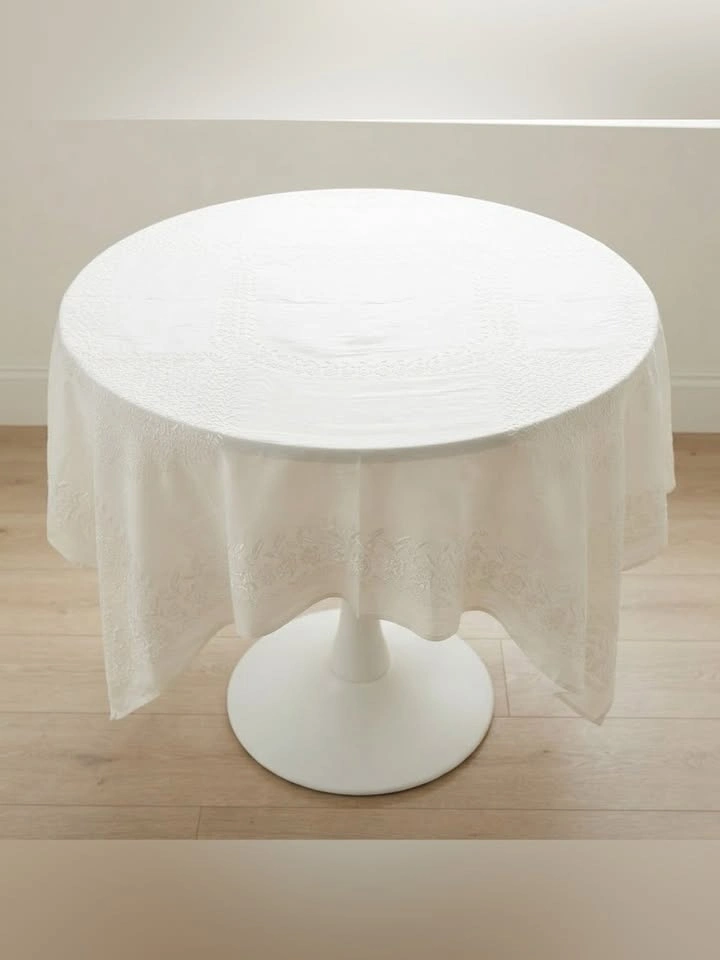 Vintage 60s White Damask Square Tablecloth Floral Jacquard