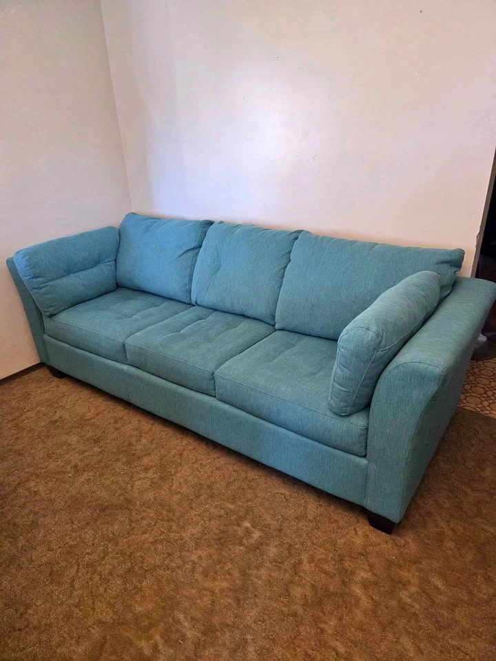 Delivery Available Greenish Blue Fabric Couch Sofa