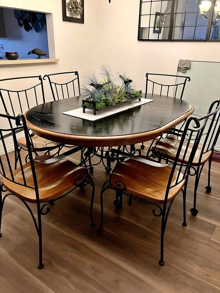 43" Oak + Wrought Iron Table + 4 Chairs Kitchen Dining Set