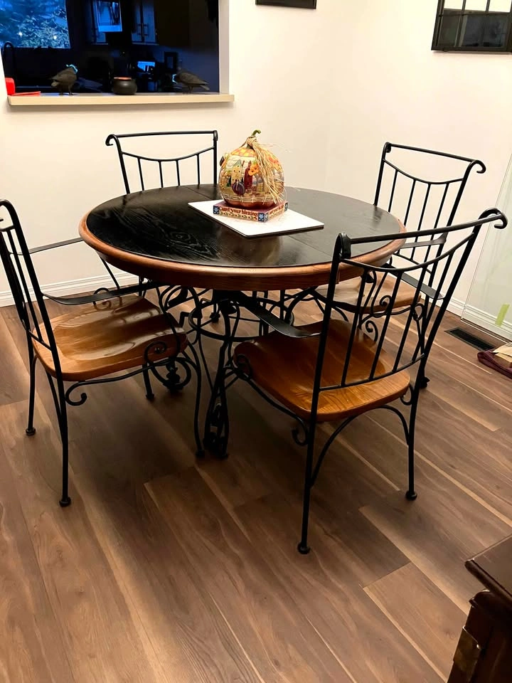 43" Oak + Wrought Iron Table + 4 Chairs Kitchen Dining Set - photo 2