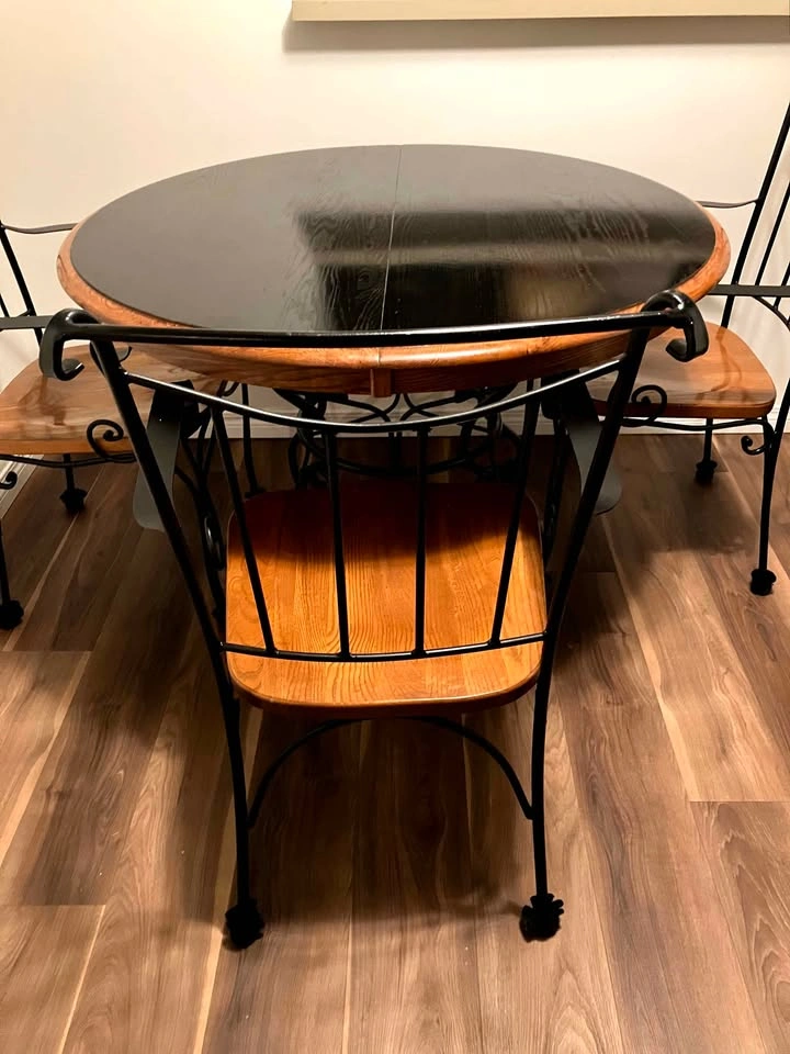 43" Oak + Wrought Iron Table + 4 Chairs Kitchen Dining Set - photo 5