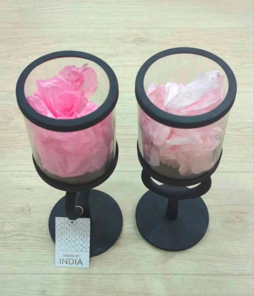 Set of 2 Black Metal and Glass Candle Holders