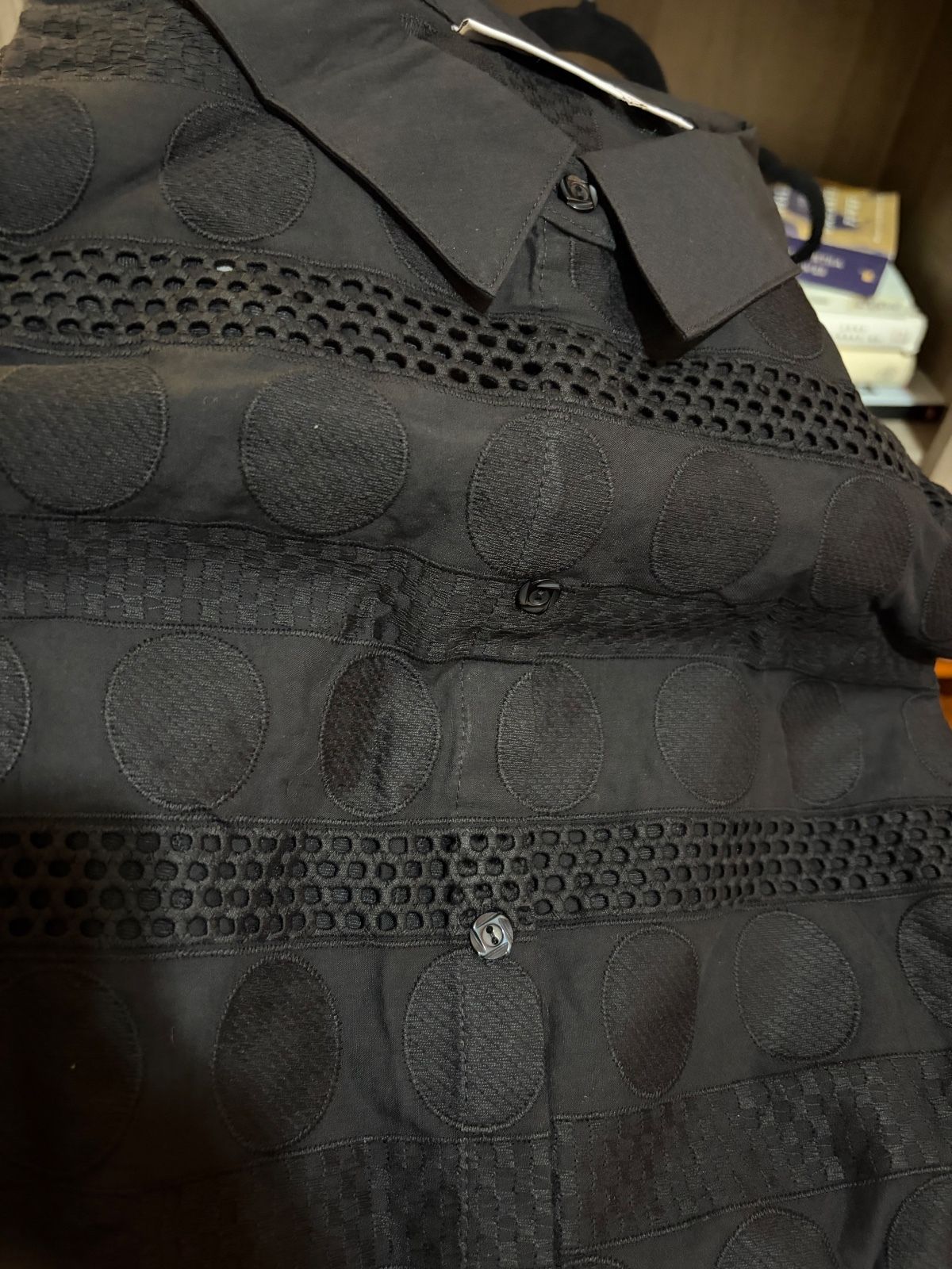Black Button Front Shirt with Circle and Mesh Details - photo 2