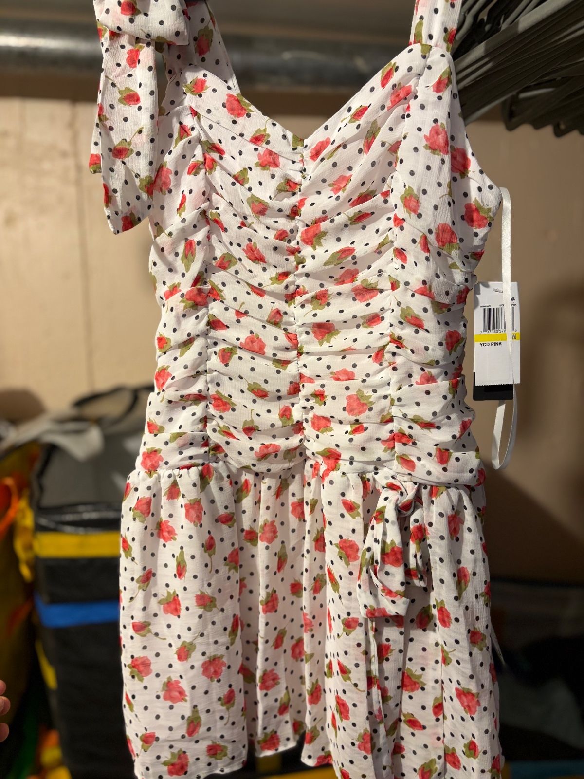 YCD Pink Floral Polka Dot Ruched Dress Women's Medium
