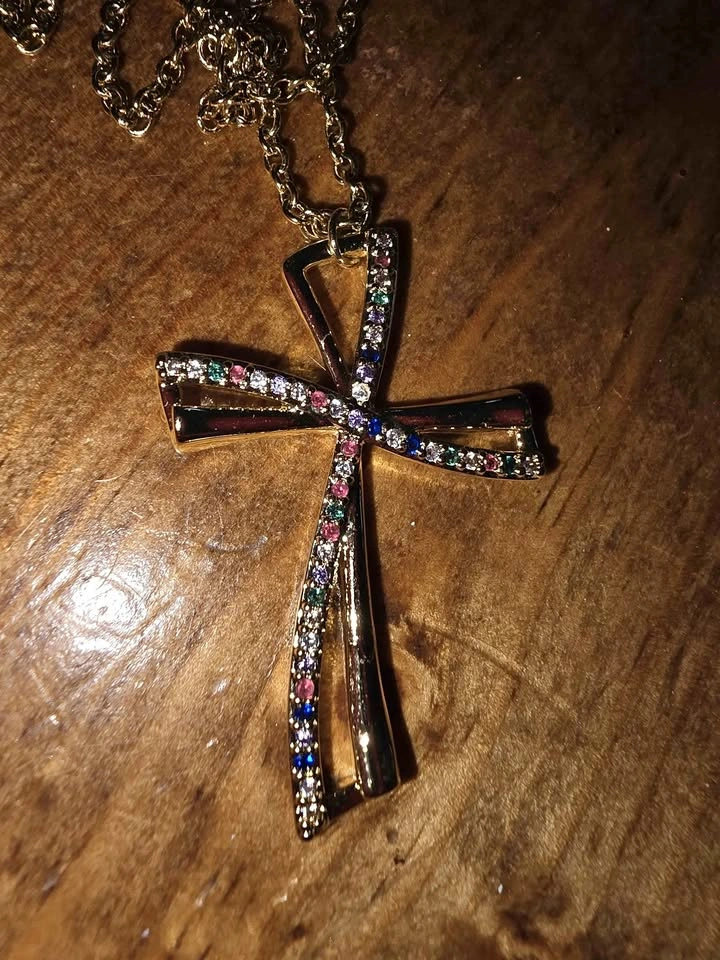 Gold-Toned Multi-Color Stone Cross Necklace