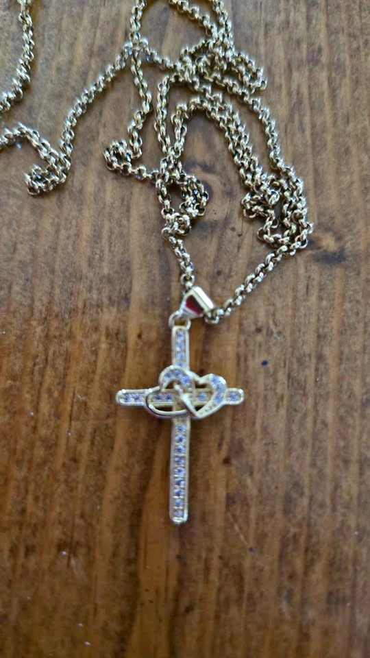 Gold-Toned Cross and Heart Pendant Necklace