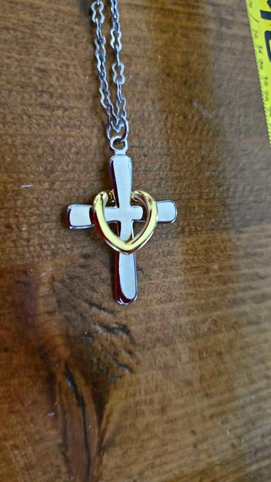 Two-Tone Cross and Floating Heart Pendant Necklace