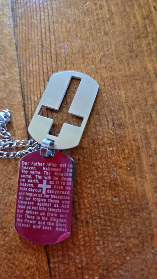 Stainless Steel Lord's Prayer Cross Dog Tag Necklace