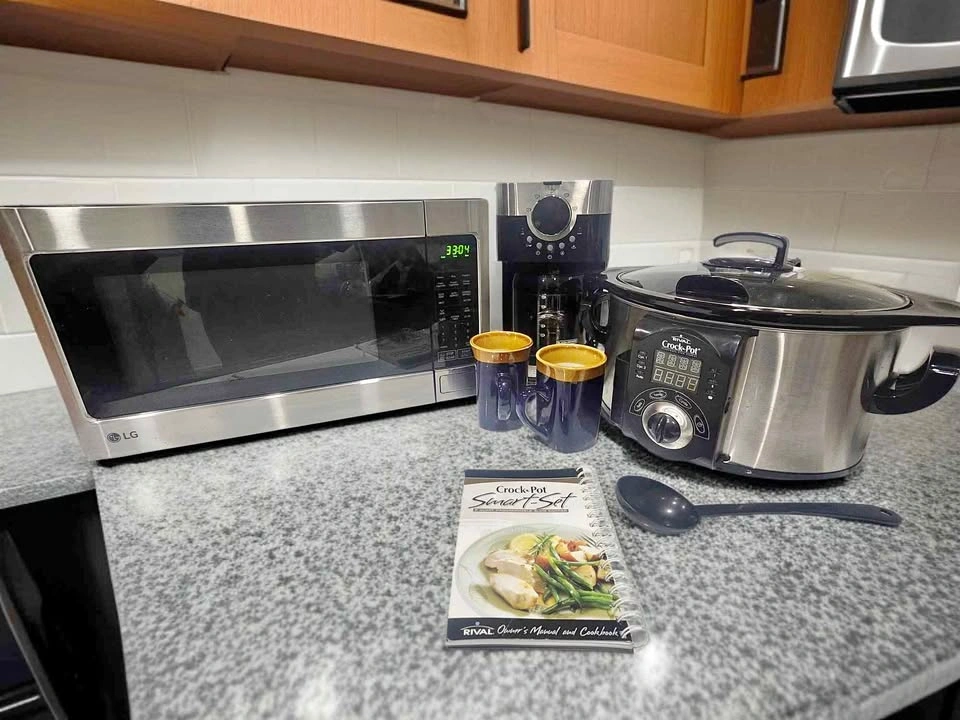 LG Microwave, Coffee Maker, Mugs, and Rival Crock-Pot