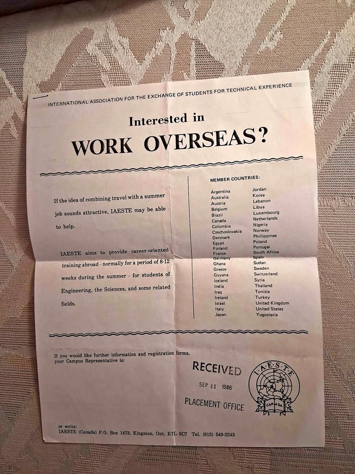 Vintage 1986 IAESTE Canada Work Overseas Travel Ephemera / Flyer