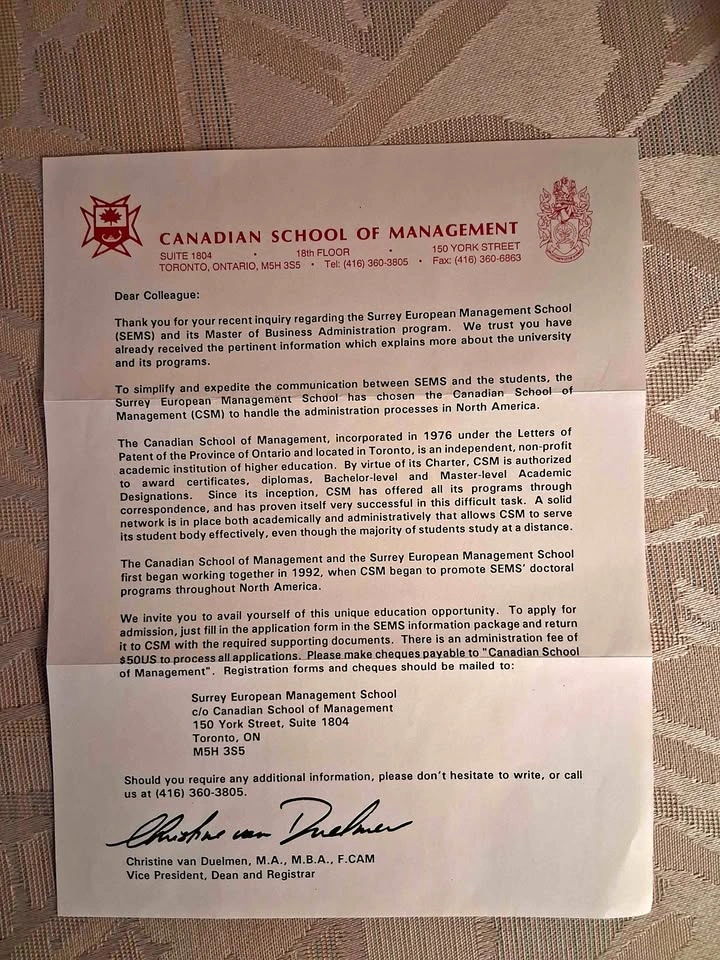 Vintage 1995 Toronto Canadian School of Management Ephemera Lett