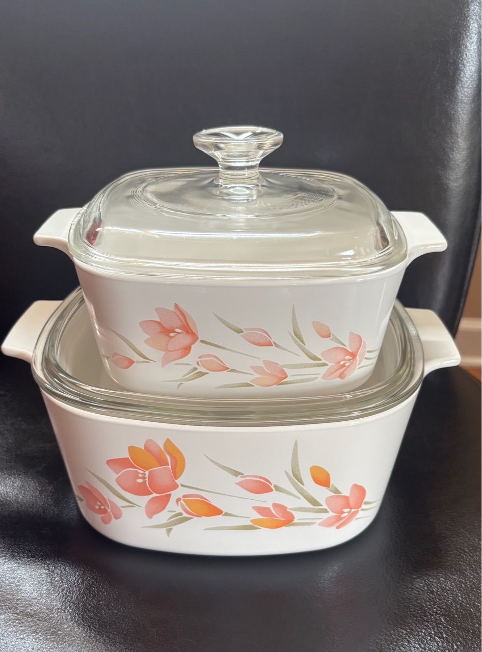 Vintage Corning Ware Peach Floral Casserole Dishes with Lids