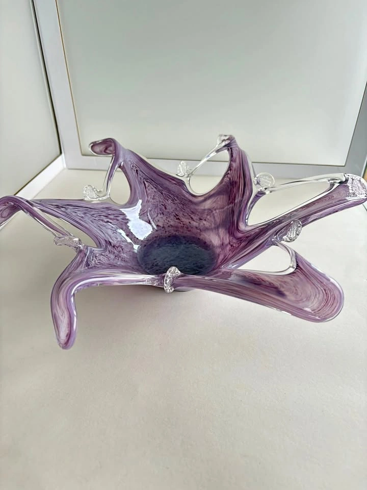 Purple Art Glass Bowl Freeform Centerpiece Murano Style 13 inch