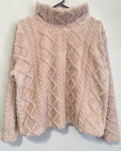 Eddie Bauer Women Large Pink Cable Sherpa Fleece Mock Neck Pullo