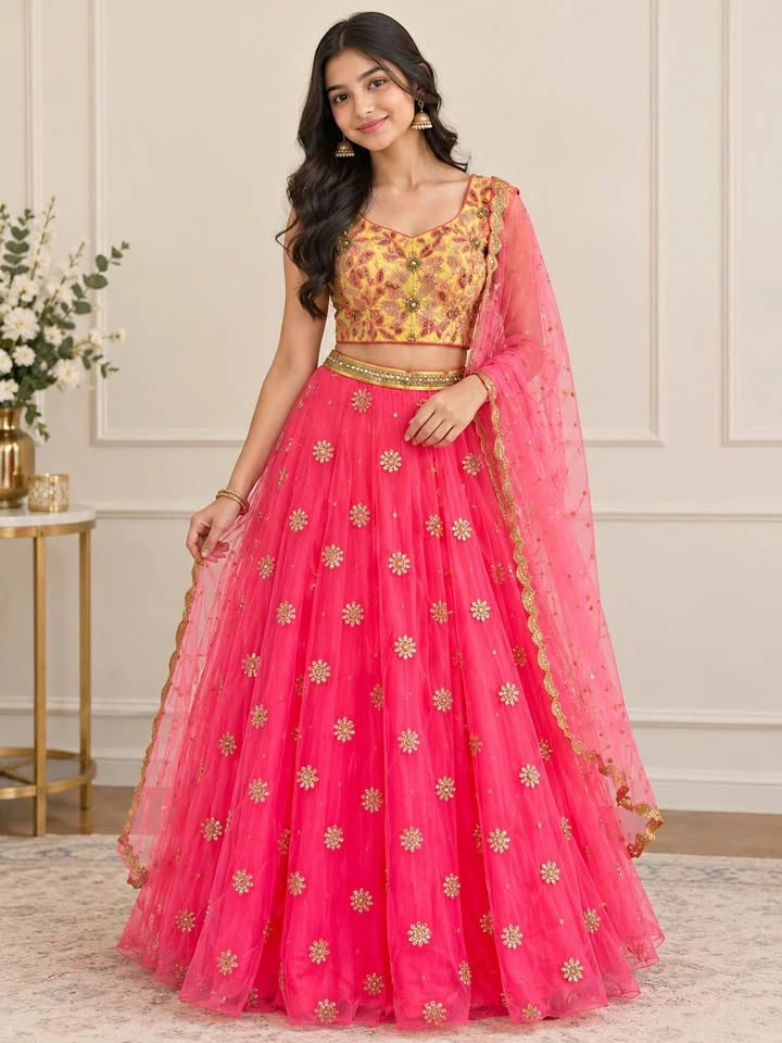 Gorgeous Hot Pink & Gold Lehenga Set – 12-15 years