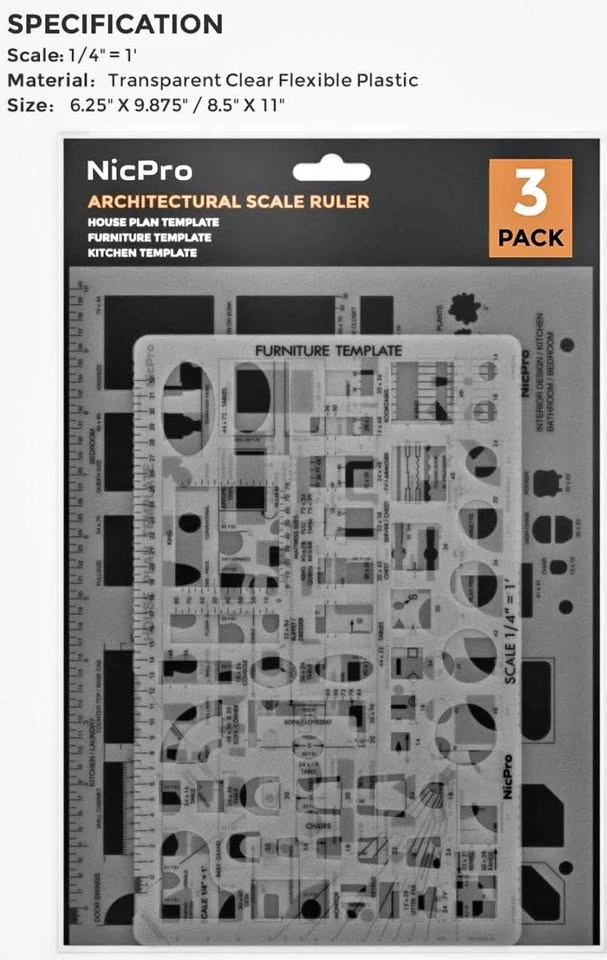 NicPro Architectural Scale Ruler and Templates 3-Pack