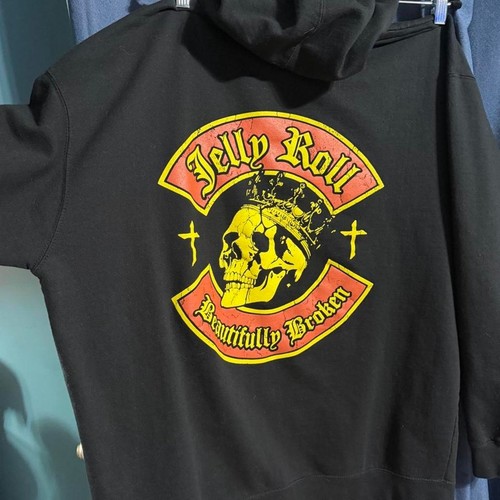 Jelly Roll Beautifully Broken Tour Hoodie Black Skull Crown Men'