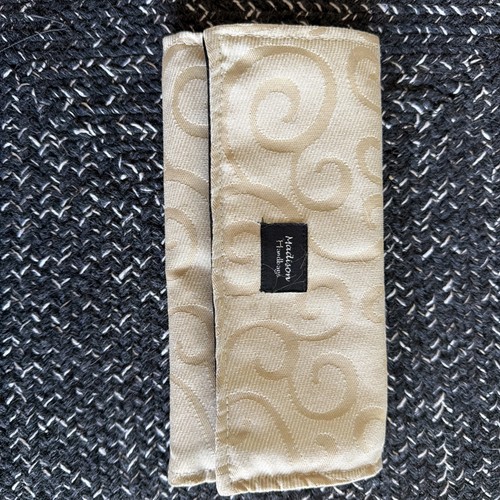 Madison Handbags Beige Gold Scroll Trifold Wallet Clutch