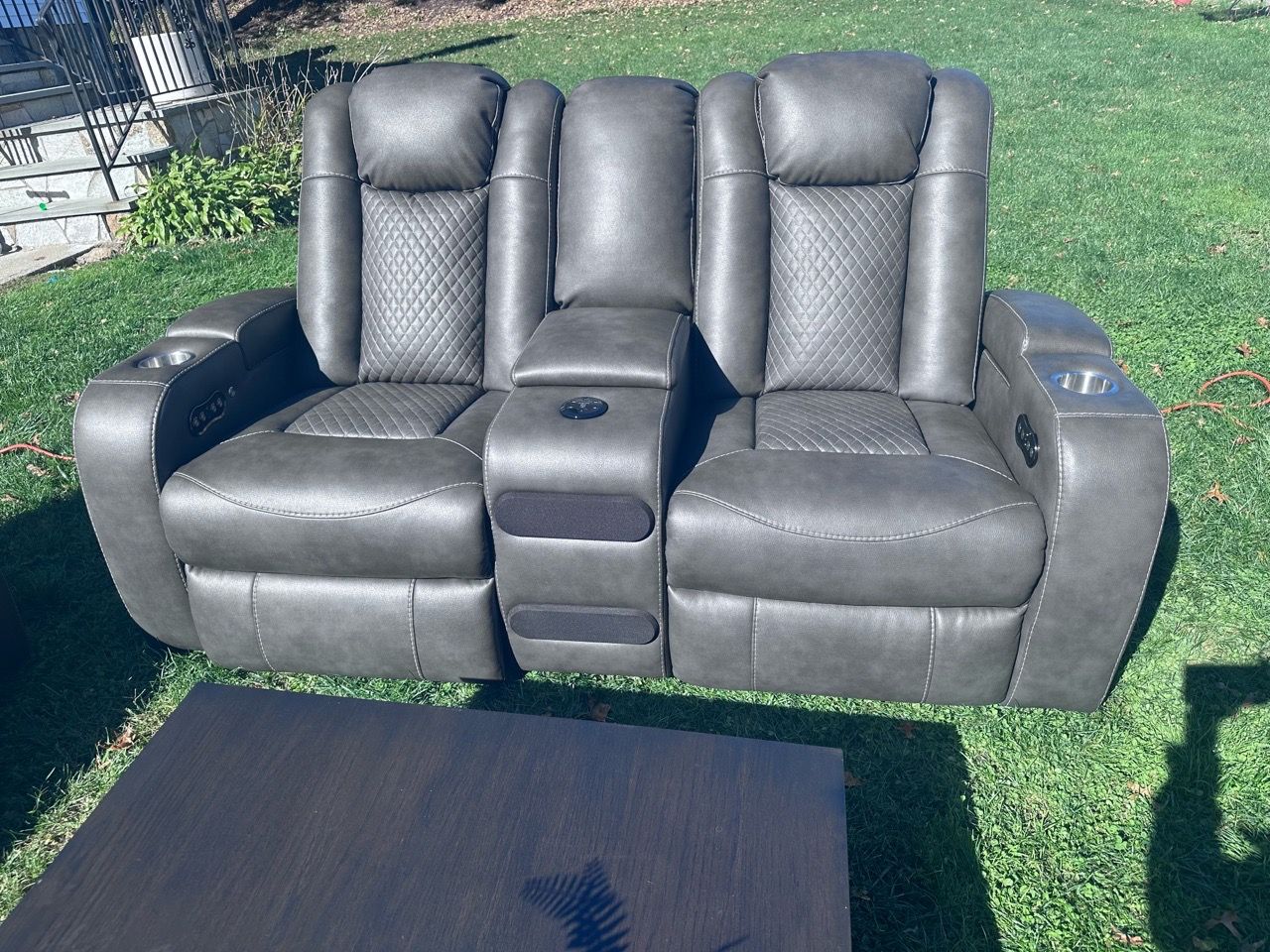 Gray Leather Reclining Sofa and Loveseat Set - photo 2